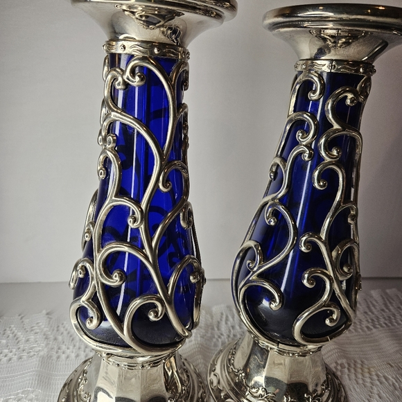 RARE VINTAGE COBALT BLUE GLASS SILVER CANDLE HOLDERS CANDLESTICK CANDELABRA - Picture 5 of 6